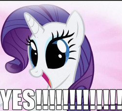 Size: 489x444 | Tagged: safe, rarity, pony, g4, the ticket master, cute, dilated pupils, female, happy, image macro, meme, of course i would say yes!, open mouth, raribetes, reaction image, smiling, solo, yes