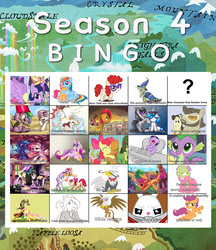 Size: 1566x1814 | Tagged: safe, angel bunny, apple honey, babs seed, colter sobchak, discord, dj pon-3, fluttershy, gustave le grande, octavia melody, princess cadance, princess celestia, rarity, red gala, scootaloo, spike, star swirl the bearded, sweetie belle, theodore donald "donny" kerabatsos, twilight sparkle, twist, vinyl scratch, wensley, oc, oc:jade, alicorn, griffon, pony, g4, season 4, apple family member, bingo, corey powell, text, twilight sparkle (alicorn)