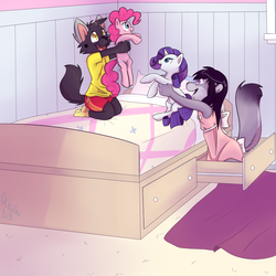 Size: 1280x1280 | Tagged: safe, artist:chuziku, pinkie pie, rarity, anthro, g4, child, children, cute, female, furry, plushie