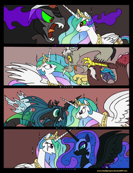 Size: 2684x3486 | Tagged: safe, artist:redapropos, discord, king sombra, nightmare moon, princess celestia, queen chrysalis, alicorn, changeling, changeling queen, draconequus, pony, umbrum, fall of the crystal empire, g4, antagonist, comic, crown, dark magic, female, jewelry, male, mare, peytral, regalia, sombra eyes, tiara