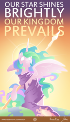 Size: 2240x3900 | Tagged: safe, artist:equestria-prevails, princess celestia, alicorn, pony, g4, 2013, description in comments, female, glowing, glowing eyes, horn, poster, propaganda, solo, spear, weapon, wings