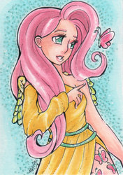 Size: 423x600 | Tagged: safe, artist:nickyflamingo, fluttershy, butterfly, human, g4, humanized, traditional art, winged humanization