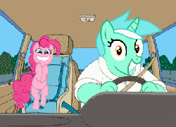 Size: 400x288 | Tagged: safe, lyra heartstrings, pinkie pie, g4, animated, car, car interior, chubby, disney world, disneyland, driving, family guy, female, ford ltd country squire, male, station wagon, wat