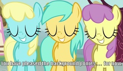 Size: 900x525 | Tagged: safe, edit, edited screencap, screencap, parasol, sassaflash, sunshower raindrops, a friend in deed, g4, background pony, caption, image macro, reaction image, smile song, smiling