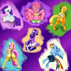 Size: 3000x3000 | Tagged: safe, artist:mr.v, applejack, fluttershy, pinkie pie, rainbow dash, rarity, twilight sparkle, earth pony, pegasus, pony, unicorn, g4, belly, belly button, bottomless, butt, buttcrack, clothes, fat, female, hooves, mane six, mane six plots, mare, muscles, muscleshy, plot, plotcrack, shorts, tank top, workout outfit