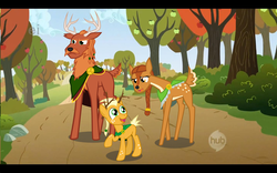Size: 2334x1459 | Tagged: safe, artist:digigex90, oc, oc only, oc:treebark, deer, earth pony, pony, apple tree, celtic, celtic deer, clothes, colt, day, do or deer, doe, facial hair, fake, family, female, hub logo, hubble, male, moustache, stag, tree, trio