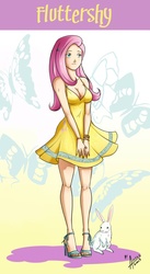 Size: 612x1120 | Tagged: safe, artist:accessworld, artist:darkpaladin, edit, angel bunny, fluttershy, g4, breasts, cleavage, female, humanized, solo