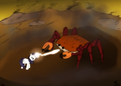 Size: 1481x1048 | Tagged: safe, artist:tkangaru, rarity, crab, g4, fight, magic, rarity fighting a giant crab