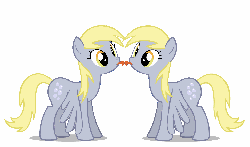 Size: 1221x720 | Tagged: safe, artist:mixermike622, derpy hooves, pegasus, pony, g4, animated, clone, eye shimmer, female, flapping, licking, mare, poni licking poni, self ponidox, selfcest, ship:derp on derp action, tongue out, tongue to tongue, wat