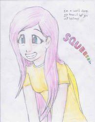 Size: 5088x6560 | Tagged: safe, artist:hanaatori, fluttershy, human, g4, absurd resolution, clothes, cute, female, humanized, scene interpretation, shirt, shyabetes, solo, squee, t-shirt, traditional art, world champ