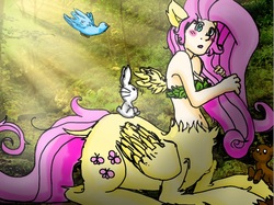 Size: 849x634 | Tagged: safe, artist:honorandpride, fluttershy, centaur, g4, belly button, blushing, centaurshy, cleavage, female, midriff