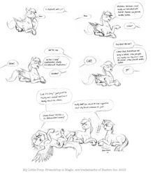 Size: 1244x1400 | Tagged: safe, artist:baron engel, rainbow dash, twilight sparkle, oc, oc:sky brush, pegasus, pony, unicorn, g4, comic, female, lying down, male, mare, monochrome, on back, pencil drawing, stallion, traditional art