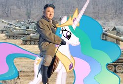 Size: 700x482 | Tagged: safe, princess celestia, alicorn, human, pony, g4, female, humans riding ponies, irl, irl human, jewelry, kim jong-un, mare, north korea, photo, ponies in real life, regalia, riding, tank (vehicle), tyrant celestia