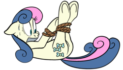 Size: 1792x1024 | Tagged: safe, artist:colossalstinker, bon bon, sweetie drops, earth pony, pony, g4, bon bon is not amused, bondage, butt, cutie mark, female, floppy ears, gag, hogtied, hooves, lying down, mare, plot, rope, simple background, solo, sweat, tape, tape gag, tied up, transparent background, underhoof