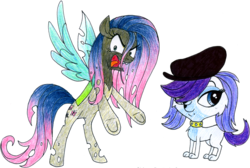 Size: 4462x3005 | Tagged: safe, artist:colossalstinker, fluttershy, queen chrysalis, rarity, changeling, changeling queen, changepony, dog, hybrid, pegasus, pony, g4, bipedal, crossover, crossover fusion, duo, duo female, female, fusion, fusion:chrysashy, fusion:fluttershy, fusion:queen chrysalis, hybrid fusion, littlest pet shop, recolor, simple background, transparent background, wat, zoe trent