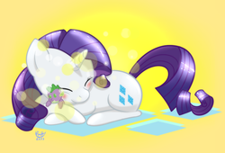 Size: 1100x750 | Tagged: safe, artist:monteruis, rarity, spike, g4, blushing, cute, eyes closed, female, hug, male, plushie, prone, ship:sparity, shipping, sleeping, smiling, solo, spike plushie, straight