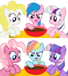 Size: 1436x1602 | Tagged: safe, artist:colossalstinker, firefly, pinkie pie, pinkie pie (g3), rainbow dash, rainbow dash (g3), surprise, twilight, twilight sparkle, twilight twinkle, earth pony, pegasus, pony, unicorn, g1, g3, g4, chocolate, female, food, g1 to g4, g3 to g4, generation leap, mare, pudding, recolor, simple background, square crossover, transparent background
