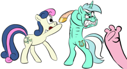 Size: 2448x1338 | Tagged: safe, artist:colossalstinker, bon bon, lyra heartstrings, pinkie pie, sweetie drops, earth pony, pony, unicorn, g4, angry, bipedal, female, fingers, jealous, mare, simple background, transparent background, wat