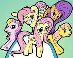 Size: 1479x1169 | Tagged: safe, artist:colossalstinker, fluttershy, fluttershy (g3), posey, .mov, shed.mov, g1, g3, g4, fluttershed, mad (tv series), mad magazine, my little war horse, self paradox, self ponidox, square crossover