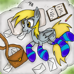 Size: 422x425 | Tagged: safe, artist:infinitussketch, derpy hooves, pegasus, pony, g4, book, clothes, female, letter, mare, socks, solo, striped socks