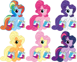 Size: 1482x1194 | Tagged: safe, artist:colossalstinker, applejack, fluttershy, pinkie pie, rainbow dash, rarity, twilight sparkle, pony, g3, g3.5, g4, bag, bipedal, g4 to g3.5, generation leap, mane six, rainbow dash always dresses in style, recolor