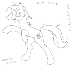 Size: 1280x1198 | Tagged: safe, artist:annonymouse, lyra heartstrings, pony, unicorn, g4, 30 minute art challenge, black and white, female, grayscale, monochrome, rearing, simple background, smiling, solo, white background