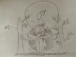 Size: 2592x1936 | Tagged: safe, artist:dassboshit, princess luna, pony, g4, eyes closed, female, monochrome, solo, traditional art, tree