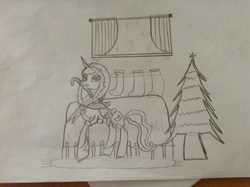 Size: 2048x1529 | Tagged: safe, princess luna, pony, g4, candy cane, christmas tree, clothes, dress, female, fireplace, monochrome, solo, traditional art, tree