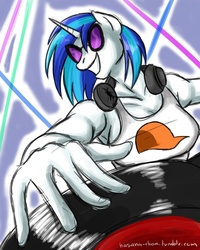 Size: 1200x1500 | Tagged: safe, artist:hasana-chan, dj pon-3, vinyl scratch, unicorn, anthro, g4, 30 minute art challenge, dirk strider, female, headphones, homestuck, horn, mare, record, solo