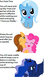 Size: 383x659 | Tagged: safe, pinkie pie, princess luna, trixie, oc, g4, disliked truth, female, filly, filly trixie, fun facts, hug, i reject op's reality and substitute my own, sad truth, text, truth, you will never x, younger
