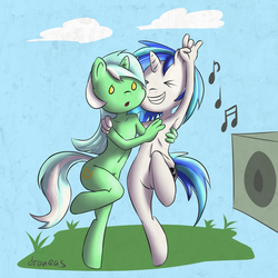 Size: 1000x1000 | Tagged: safe, artist:draneas, dj pon-3, lyra heartstrings, vinyl scratch, anthro, g4, armpits, barbie doll anatomy, belly button, breastless female, dancing, female, speaker