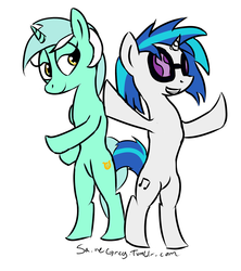 Size: 1280x1443 | Tagged: safe, artist:saine grey, dj pon-3, lyra heartstrings, vinyl scratch, pony, g4, 30 minute art challenge, bipedal