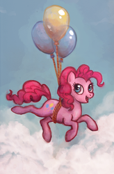 Size: 783x1197 | Tagged: dead source, safe, artist:fjording, pinkie pie, earth pony, pony, g4, balloon, cloud, female, flying, happy, mare, solo, then watch her balloons lift her up to the sky