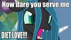 Size: 638x360 | Tagged: safe, edit, edited screencap, screencap, queen chrysalis, shining armor, changeling, changeling queen, a canterlot wedding, g4, caption, diet, female, image macro, love, meme