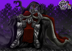 Size: 2222x1600 | Tagged: safe, artist:mauroz, king sombra, human, g4, grin, humanized, looking at you, male, my little pony logo, shadow, sitting, smiling, solo, sombra eyes, throne, throne slouch