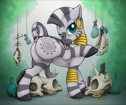 Size: 1363x1142 | Tagged: safe, artist:ecmajor, zecora, millipede, pony, zebra, g4, bone, butt, candle, featureless crotch, female, hooves, plot, skull, solo, zecora's hut