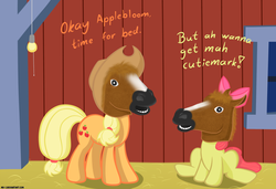 Size: 3000x2050 | Tagged: safe, artist:mr-1, apple bloom, applejack, g4, female, hoers, hoers mask, horse head, sisters, wat