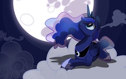 Size: 1440x900 | Tagged: safe, artist:random-gal, princess luna, alicorn, pony, g4, cloud, cloudy, cutie mark, female, full moon, hooves, horn, jewelry, lying on a cloud, mare, mare in the moon, moon, night, night sky, on a cloud, open mouth, prone, regalia, shadow, sky, solo, spread wings, tiara, vector, wallpaper, wings