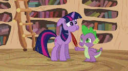 Size: 640x360 | Tagged: safe, edit, edited screencap, screencap, spike, twilight sparkle, pony, g4, it's about time, animated, duo, floppy ears, golden oaks library, loop, puffy cheeks, quill, reversed, sweat, tickle torture, tickling