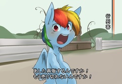 Size: 1500x1024 | Tagged: safe, artist:kolgha, rainbow dash, pegasus, pony, g4, japanese, meme, pixiv, solo, translated in the comments
