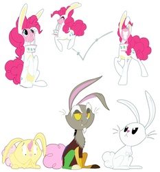 Size: 3310x3550 | Tagged: safe, artist:grievousfan, angel bunny, discord, fluttershy, pinkie pie, earth pony, pony, rabbit, g4, basket, bunnified, bunny costume, bunnyshy, clothes, costume, female, male, mare, mouth hold, pronking, simple background, species swap, white background
