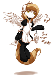 Size: 1280x1772 | Tagged: safe, artist:maccoffee, oc, oc only, oc:coffee cream, pegasus, pony, clothes, crossdressing, duster, female, flying, looking at you, maid, mare, pegasus oc, shadow, simple background, smiling, smiling at you, solo, spread wings, text, white background, wings