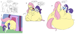 Size: 2213x1028 | Tagged: safe, artist:ross irving, fluttershy, rarity, pony, blob, blushing, cake, comic, fat, fattershy, flarity, funny, grope, impossibly large butt, jiggle, morbidly obese, obese, shipping, stuck, the ass is monstrously oversized for tight entrance, weight gain