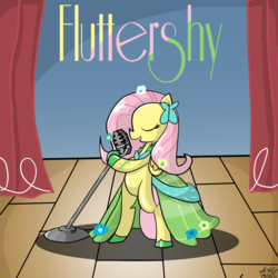 Size: 800x800 | Tagged: safe, artist:thewormouroboros, fluttershy, pony, g4, bipedal, clothes, dress, featureless crotch, female, gala dress, microphone, solo, standing on two hooves