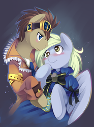 Size: 585x790 | Tagged: safe, artist:ende26, derpy hooves, doctor whooves, time turner, pegasus, pony, clockwise whooves, g4, blushing, clothes, female, male, mare, ship:doctorderpy, shipping, steampunk, straight, victorian