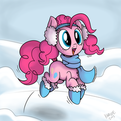Size: 3000x3000 | Tagged: safe, artist:killryde, pinkie pie, earth pony, pony, g4, boots, chest fluff, clothes, earmuffs, female, happy, pronking, scarf, shoes, snow, solo, winter