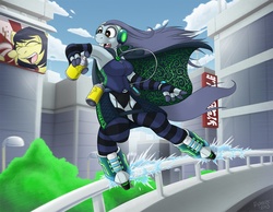 Size: 1280x991 | Tagged: safe, artist:r perils, oc, oc only, oc:ipsywitch, earth pony, anthro, bucktooth, building, city, clothes, digital art, female, finger hooves, gap teeth, grinding, headphones, jet grind radio, jet set radio, jet set radio future, lamppost, rail grinding, roller skates, solo, spray can