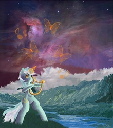 Size: 2932x3328 | Tagged: safe, artist:owlvortex, lyra heartstrings, pony, unicorn, g4, bipedal, female, lyre, magic, music, music notes, night, ocean, scenery, scenery porn, smiling, solo, wave