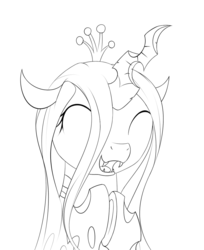 Size: 977x1200 | Tagged: safe, artist:xn-d, queen chrysalis, changeling, changeling queen, g4, crown, cute, cutealis, female, happy, jewelry, monochrome, regalia, smiling, solo