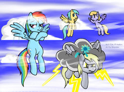 Size: 1024x761 | Tagged: safe, artist:blayaden, cloud kicker, derpy hooves, rainbow dash, sunshower raindrops, pegasus, pony, g4, cloud, cloudy, female, flying, lightning, mare